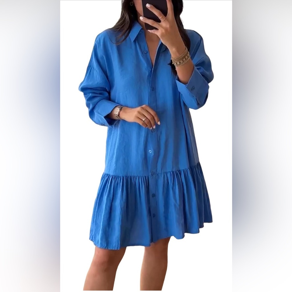 NEW Blue Shirt Dress Lapel Collar Long Sleeves Button Down Dress S